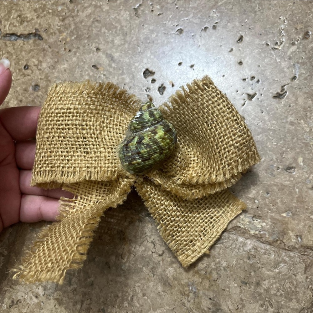 Handmade Tan and Green Seashell Adorned Bow